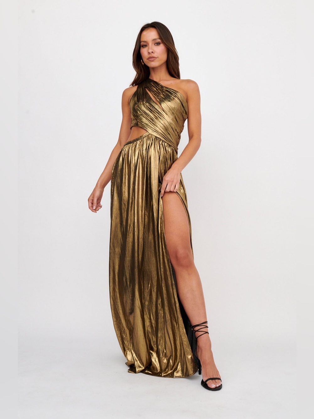 Selfie Leslie Fortuna One Shoulder Split Maxi Dress Black/Gold - Picture 3 of 5